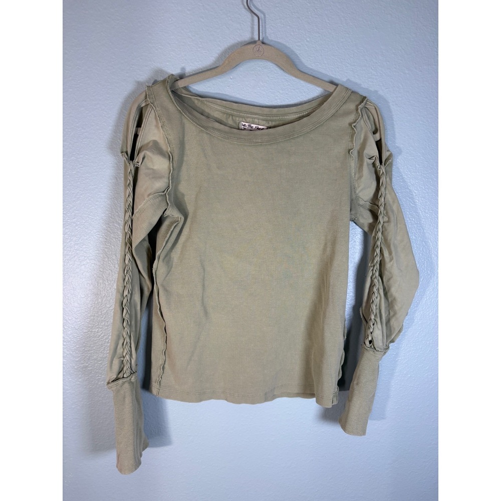 We The Free Free People Sage Green Cold‎ Shoulder Braided Ribbed Top Large